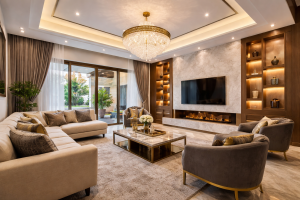 10 Marla house for sale in Bahria Town featuring modern layout, TV lounge, kitchen, parking space, and close to park, school, and mosque.