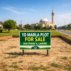 10 marla residential plot for sale in DHA Phase 6, Lahore with paved road, street lights, and modern houses nearby under clear blue sky.