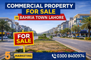 Commercial property for sale in Lahore with modern buildings in a busy business district.