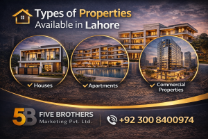 Different types of properties in Lahore including houses, apartments, plots, and commercial buildings available for sale or rent.