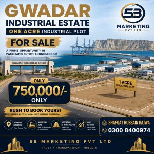 1 Acre industrial plot in Gwadar showing open land with road access, available utilities, and ideal location for industrial and commercial development purposes.