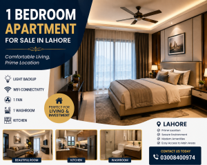 1 bedroom apartment in Lahore with beautiful room, kitchen, washroom, WiFi, fan, and backup light for comfortable living.