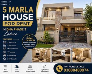 5 Marla house for rent in DHA Phase 3 Lahore with modern design, secure location, spacious rooms, kitchen, and parking space for comfortable family living.