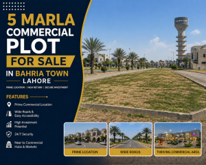 5 marla commercial plot for sale in Bahria Town Lahore located on main boulevard, surrounded by commercial buildings, ideal for shops, offices and business setup.