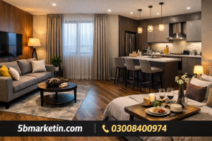 Fully furnished flat in Lahore featuring modern living room, equipped kitchen, cozy bedroom, elegant décor, and comfortable interior ideal for rental living experience.