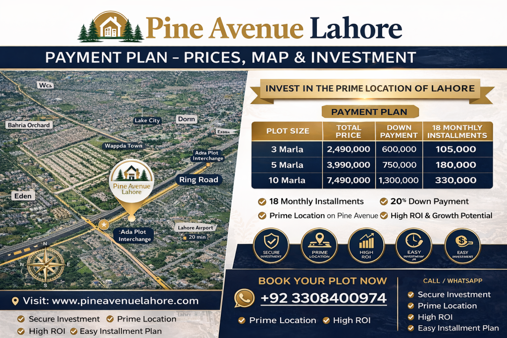 Pine Avenue Lahore residential and commercial plots investment plan, location map, and modern development overview in Lahore Pakistan.