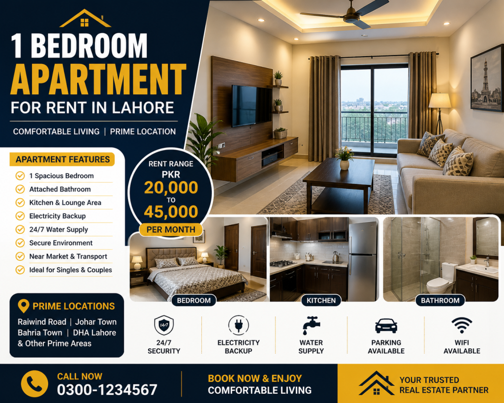 1 bedroom apartment for rent in Lahore with attached bathroom, kitchen, lounge, and modern facilities in a secure location