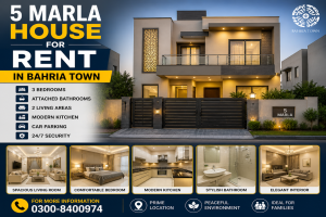5 Marla house for rent in Bahria Town Lahore with modern design, 3 bedrooms, attached bathrooms and car parking
