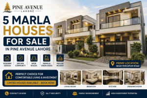 Modern 5 Marla house for sale in Pine Avenue Lahore featuring stylish exterior, spacious bedrooms, parking area, and family-friendly surroundings.