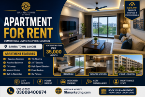 Bahria Town apartment for rent in Lahore with modern interior, 1 bedroom, kitchen, lounge, and secure environment with parking facility