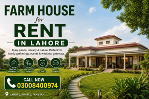 Beautiful farmhouse in Lahore with green lawn, modern house, outdoor seating, swimming pool, spacious rooms, and peaceful surroundings ideal for private stays.
