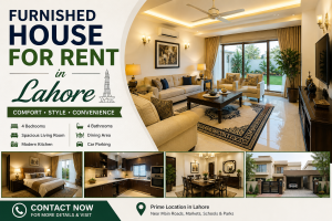 Furnished house for rent in Lahore with modern living room, bedroom, kitchen, and parking space in a prime location.