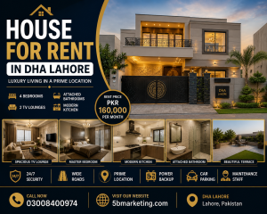 Modern house in DHA Lahore with large rooms, clean exterior, gated community, driveway, balcony, and nearby amenities in a secure residential area.