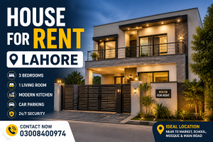 Modern house for rent in Lahore featuring spacious rooms, kitchen, and secure parking in a prime residential area.