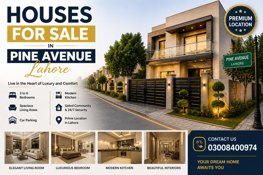 Modern houses for sale in Pine Avenue Lahore featuring spacious rooms, stylish interiors, secure community, parking space, and prime location near main boulevard