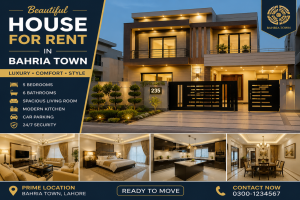Beautiful house for rent in Bahria Town Lahore with modern exterior, spacious rooms, kitchen, and secure parking.
