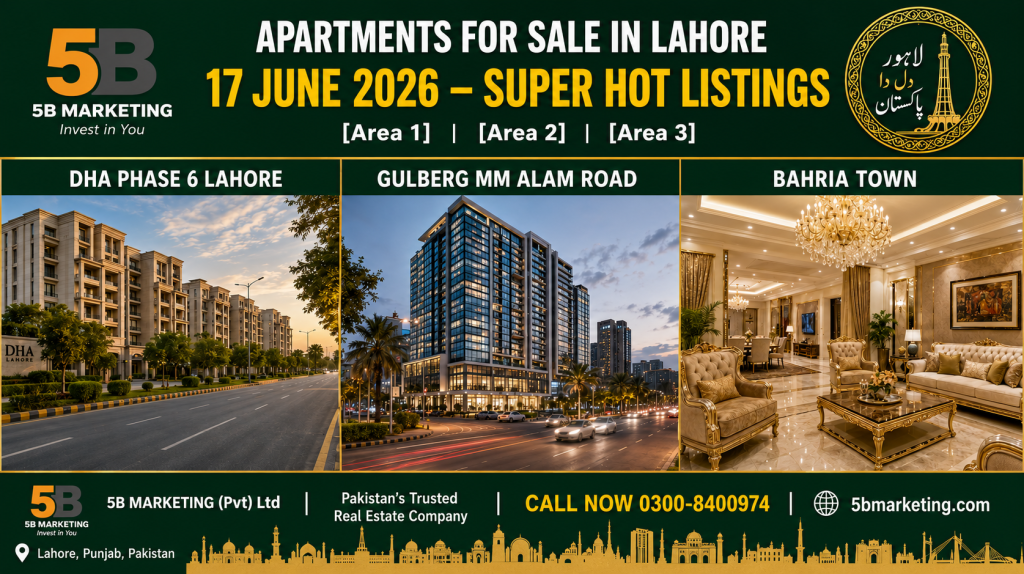 Apartments for sale in Lahore June 17 2026 – DHA Phase 6, Gulberg MM Alam Road and Bahria Town Jinnah Block super hot listings by 5B Marketing Pvt Ltd