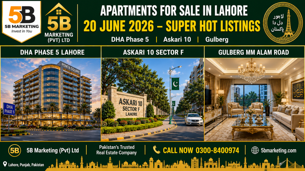 Apartments for sale in Lahore June 20 2026 super hot listings – DHA Phase 5 Penta Square, Askari 10 Sector F and Gulberg MM Alam Road by 5B Marketing Pvt Ltd
