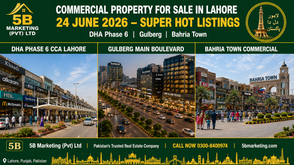 Commercial property for sale in Lahore June 24 2026 super hot listings – DHA Phase 6 CCA Gulberg Main Boulevard and Bahria Town by 5B Marketing 0300-8400974