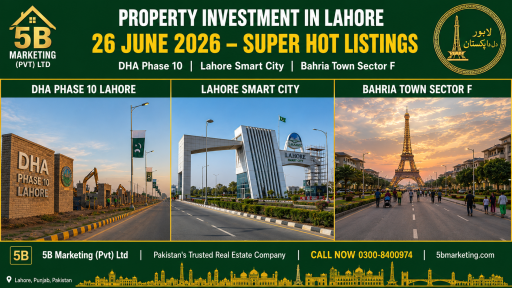 Property investment in Lahore June 26 2026 – DHA Phase 10, Lahore Smart City and Bahria Town Sector F by 5B Marketing Pvt Ltd 0300-8400974