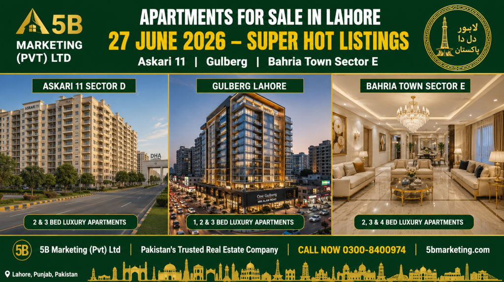 Apartments for sale in Lahore June 27 2026 super hot listings – Askari 11 Sector D Gulberg and Bahria Town Sector E by 5B Marketing Pvt Ltd 0300-8400974Apartments for sale in Lahore June 27 2026 super hot listings – Askari 11 Sector D Gulberg and Bahria Town Sector E by 5B Marketing Pvt Ltd 0300-8400974