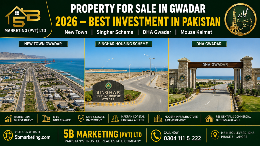Property for sale in Gwadar 2026 – New Town Singhar Housing Scheme Mouza Kalmat and DHA Gwadar by 5B Marketing Pvt Ltd 0300-8400974