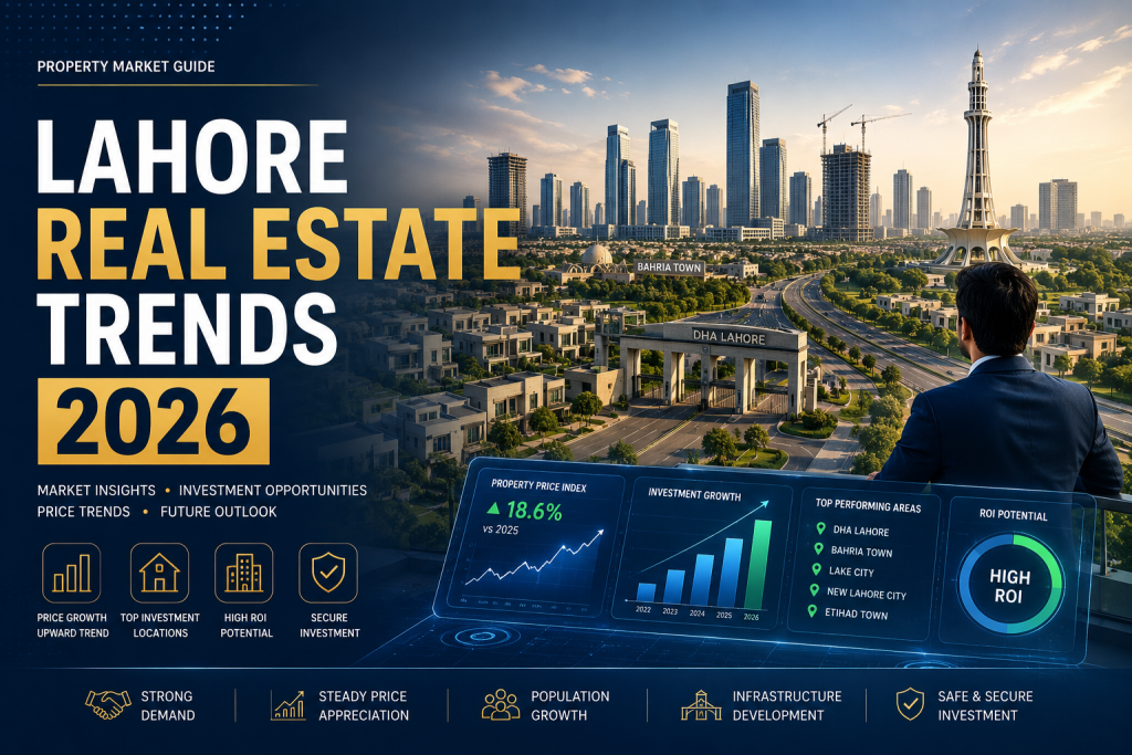 Lahore Real Estate Trends 2026 showing property investment opportunities, modern skyline, residential developments, commercial projects, market growth analytics, and housing price trends in Lahore Pakistan.