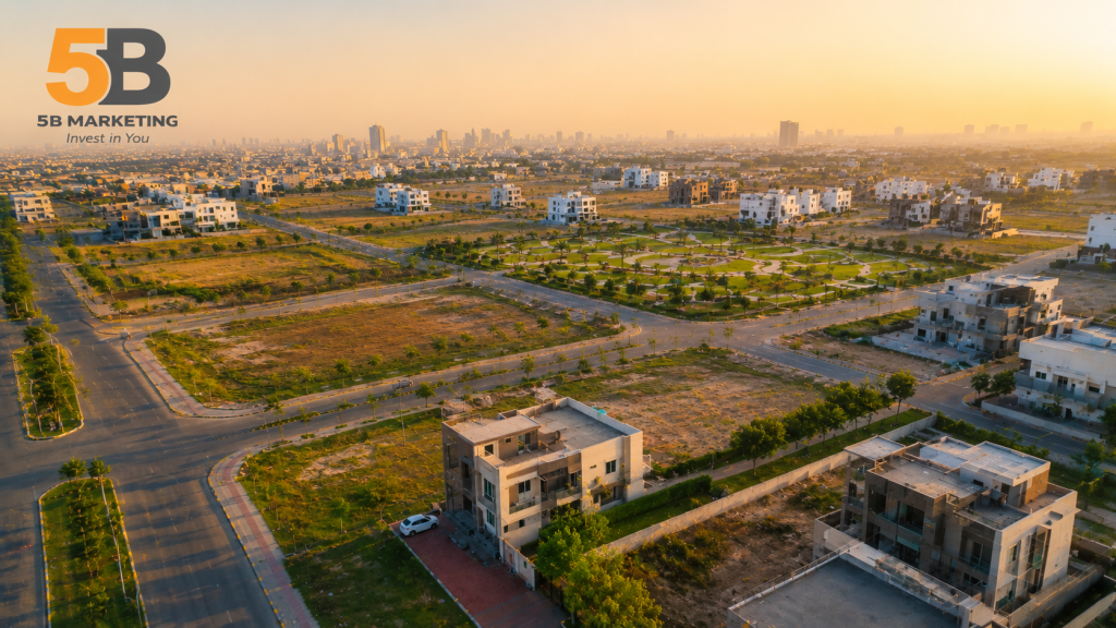 Property investment in Lahore 2026 – aerial view of DHA Phase 9 Prism, Bahria Orchard, and Etihad Town Phase 2 housing developments