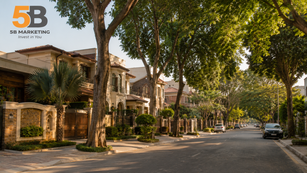 Houses for sale in Lahore 2026 – tree-lined street in DHA Phase 3, Gulberg III, and Model Town
