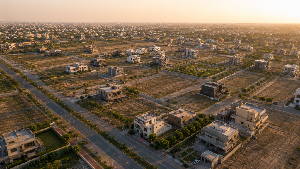 Plots for sale in Lahore 2026 – aerial view of Bahria Town Sector C, Al-Kabir Town, and Rahbar Housing Scheme