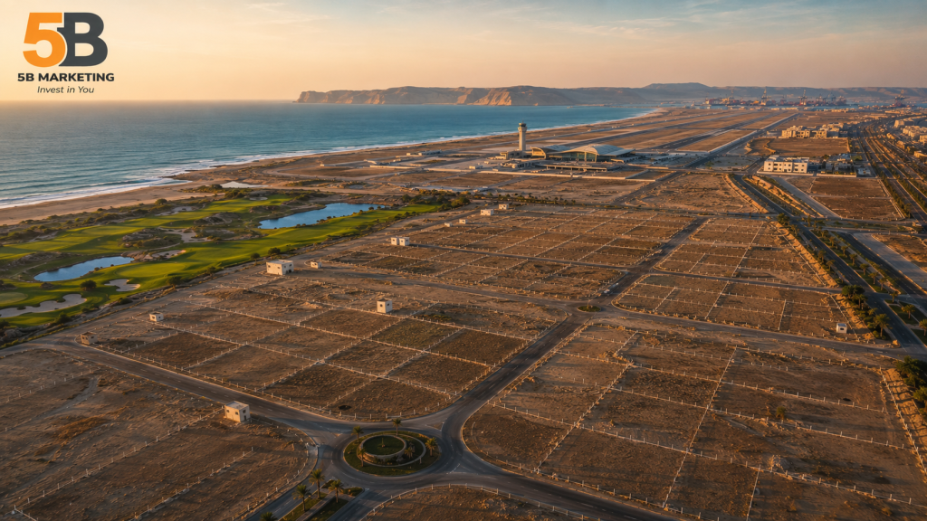 Aerial view of Gwadar property plots near New Gwadar International Airport and the Arabian Sea in 2026, highlighting real estate investment opportunities.