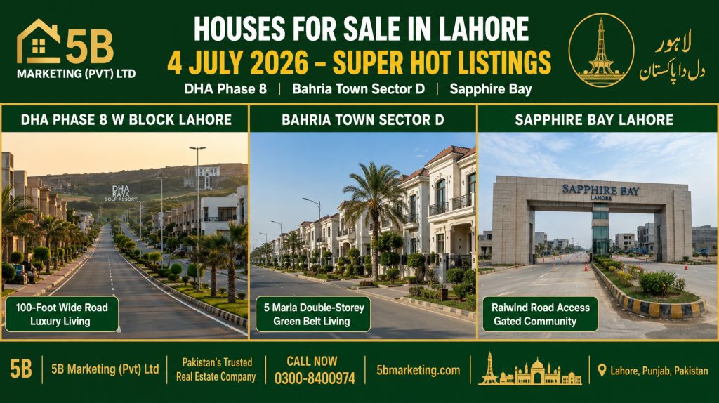 Houses for sale in Lahore July 4 2026 super hot listings – DHA Phase 8 W Block Bahria Town Sector D and Sapphire Bay by 5B Marketing Pvt Ltd 0300-8400974