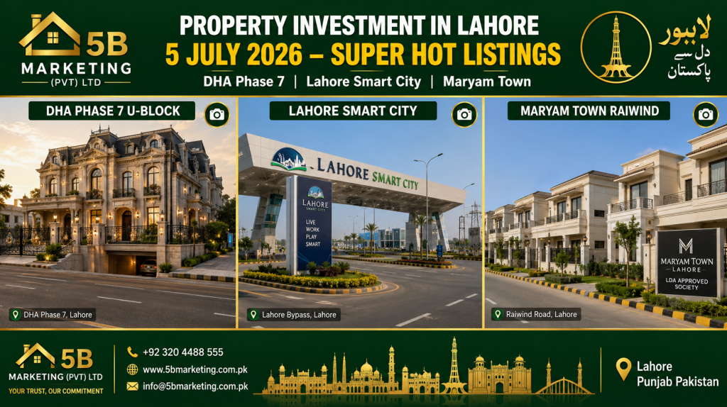 Property investment in Lahore July 5 2026 – DHA Phase 7 U-Block Victorian houses Lahore Smart City villas and Maryam Town Raiwind Road by 5B Marketing 0300-8400974