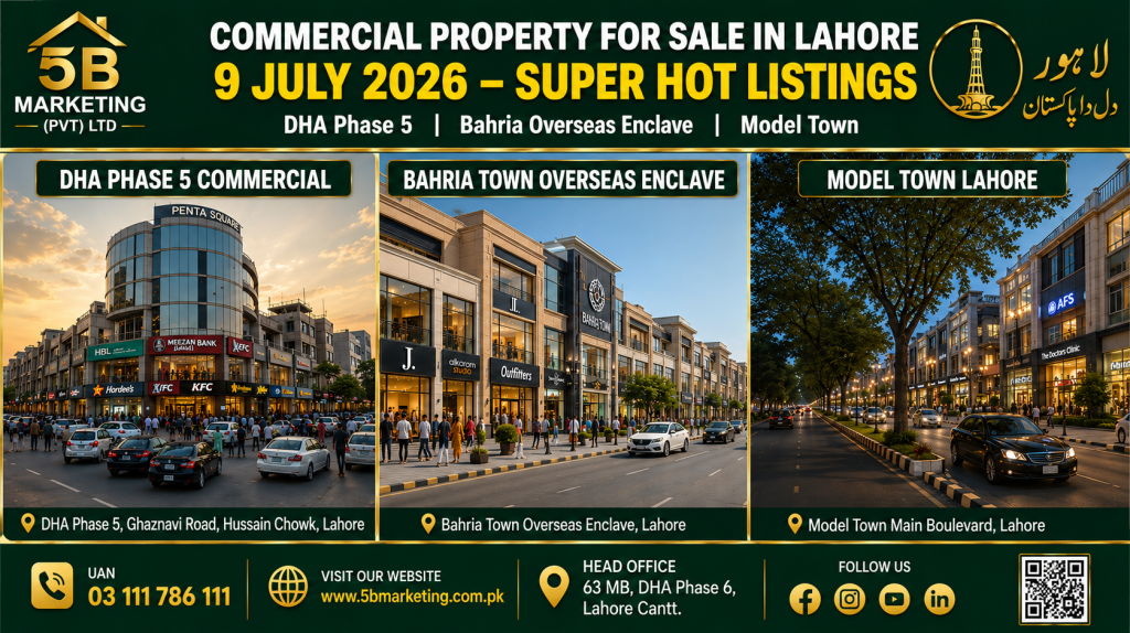 Commercial property for sale in Lahore July 9 2026 – DHA Phase 5 Bahria Town Overseas Enclave and Model Town by 5B Marketing Pvt Ltd 0300-8400974