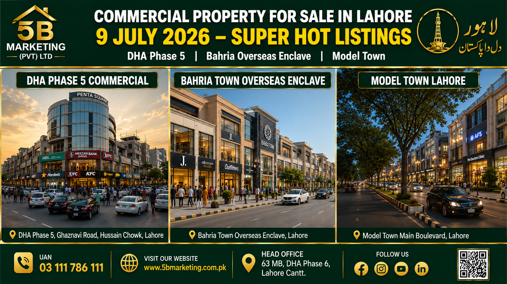 Commercial Property for Sale in Lahore – 9 July 2026 Super Hot Listings: DHA Phase 5, Bahria Town Overseas Enclave & Model Town