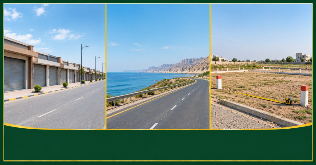 Row of new commercial shops near a coastal road in Gwadar, illustrated for a buying guide