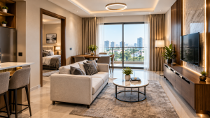 5B Marketing promotional banner for a one-bedroom apartment for sale in Gulberg Lahore, featuring a modern residential building and a luxury apartment interior.