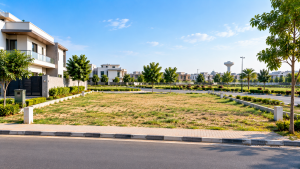 Vacant rectangular residential plot in New Town Gwadar with concrete boundary markers, paved roads, modern houses, the Arabian Sea, port cranes, and coastal mountains.